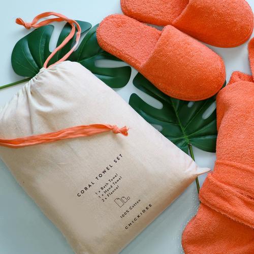 Coral Towel Set with Reusable Drawstring Bag